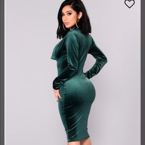Green Velvet Long Sleeve Cowl Neck Dress